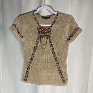 VALENTINE tan brown beaded cap sleeve acrylic nylon sweater top S
